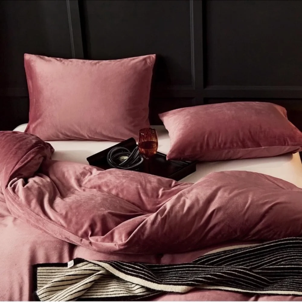 🆕 Pink Velvet Duvet Set Queen Pillow Shams Soft Cozy Warm Luxury Bedding Hotel